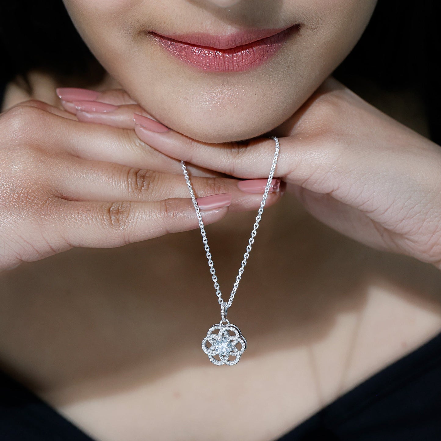 Lab 6 MM Round Diamond Flower Bridal Necklace