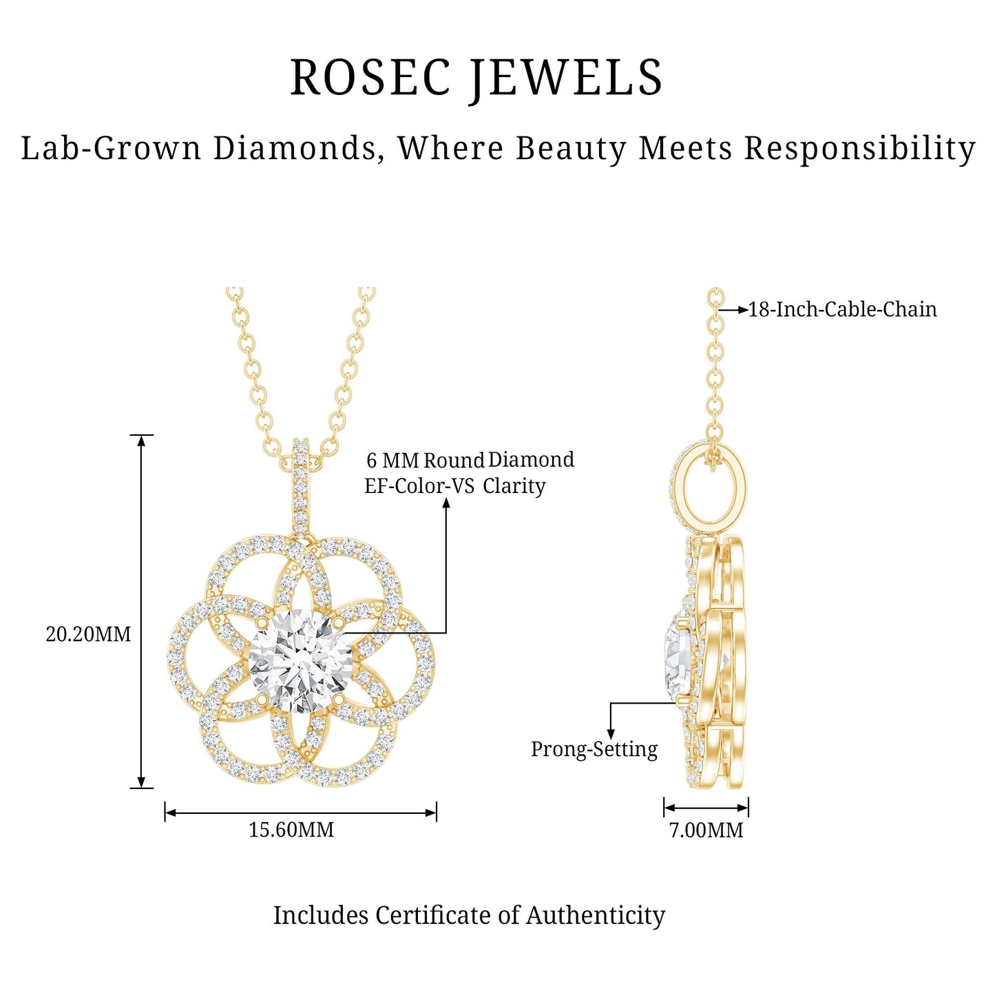 Lab 6 MM Round Diamond Flower Bridal Necklace