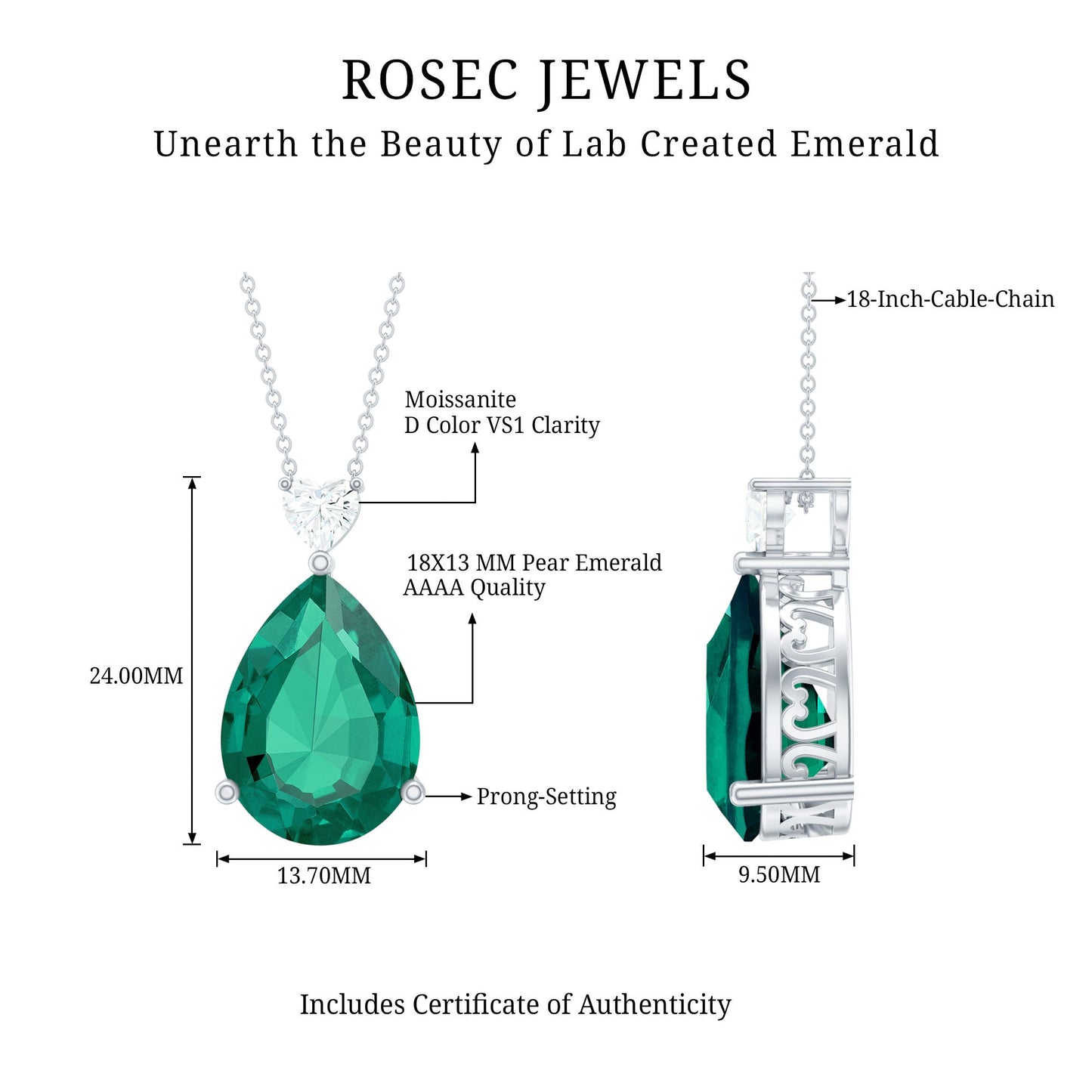 9 Carat Lab Grown Emerald Statement Necklace with Chain