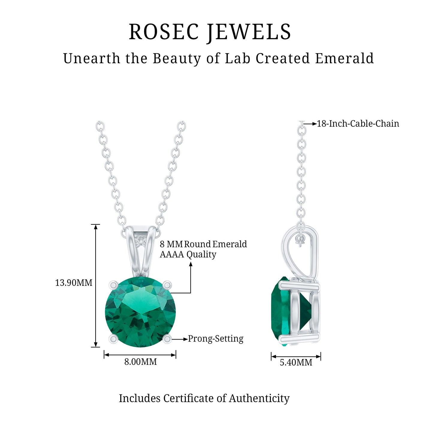 AAAA Quality 2 Carat Lab Grown Emerald Pendant Necklace with Chain