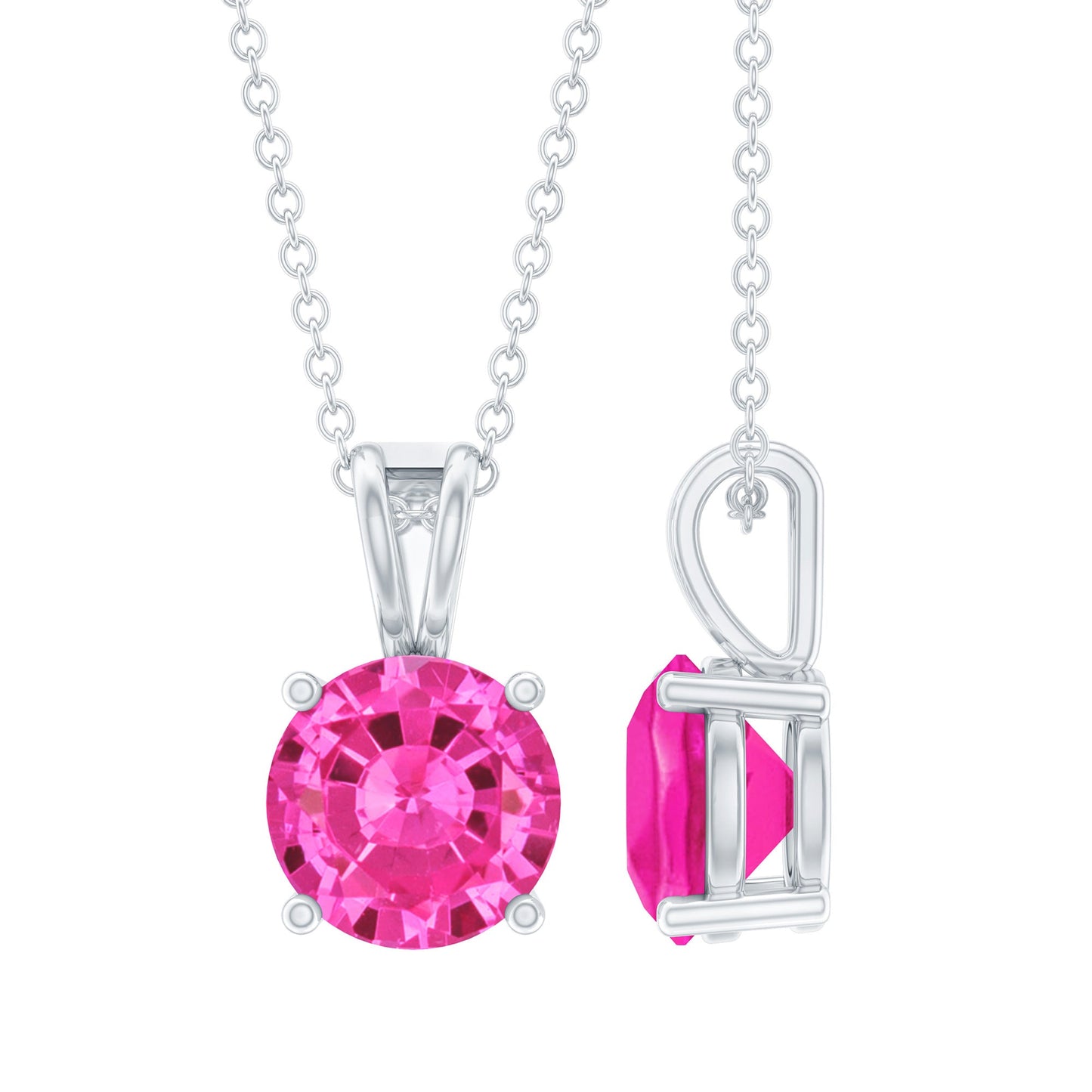 2 Carat Lab Grown Pink Sapphire Solitaire Necklace with Silver Chain