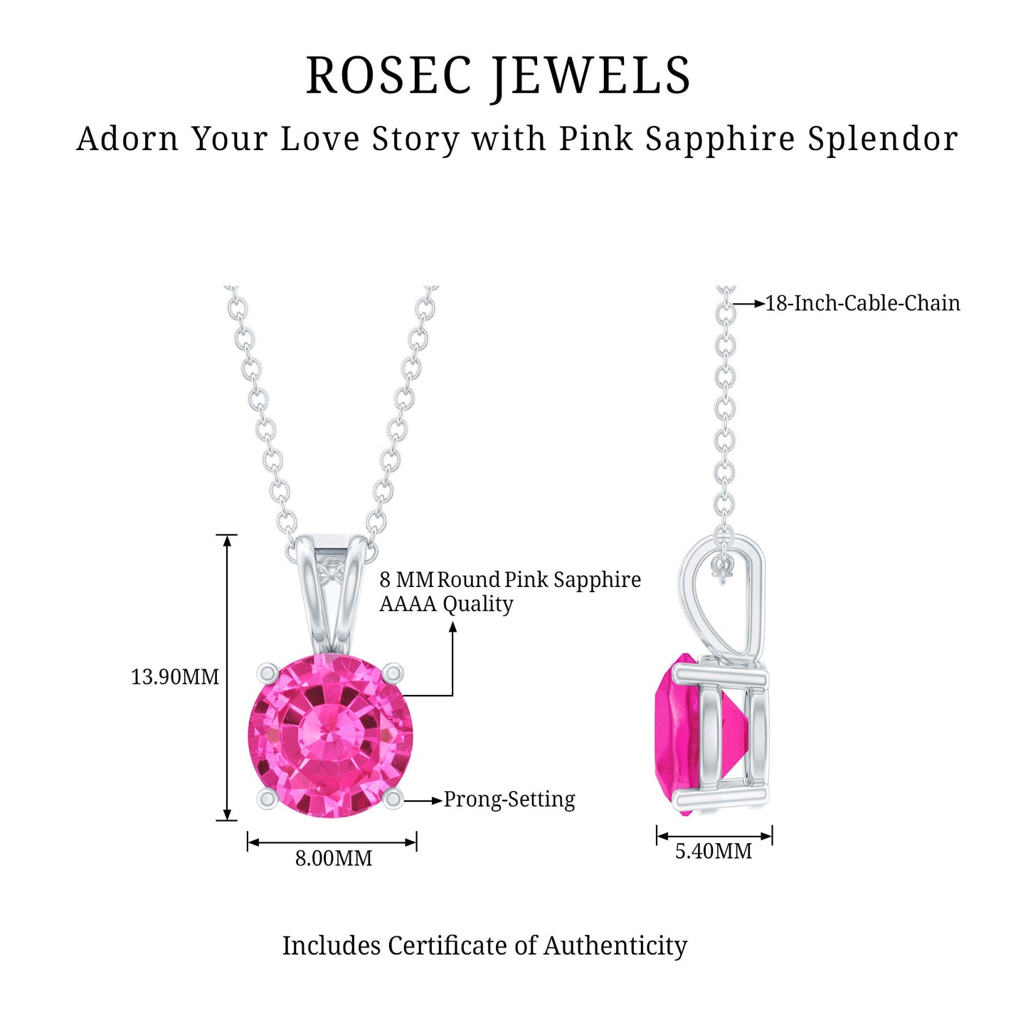 2 Carat Lab Grown Pink Sapphire Solitaire Necklace with Silver Chain