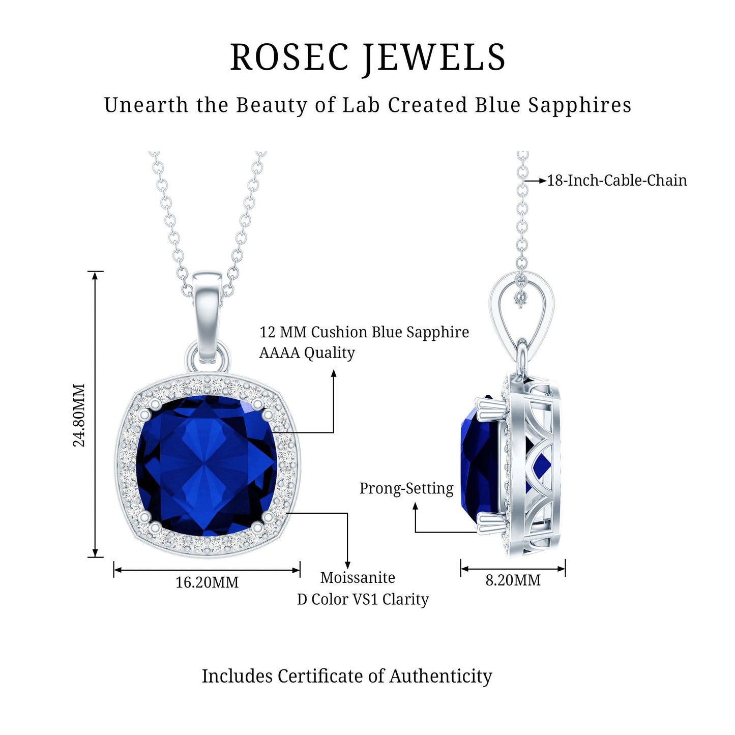 9 Carat Cushion Cut Lab Created Blue Sapphire Cocktail Necklace
