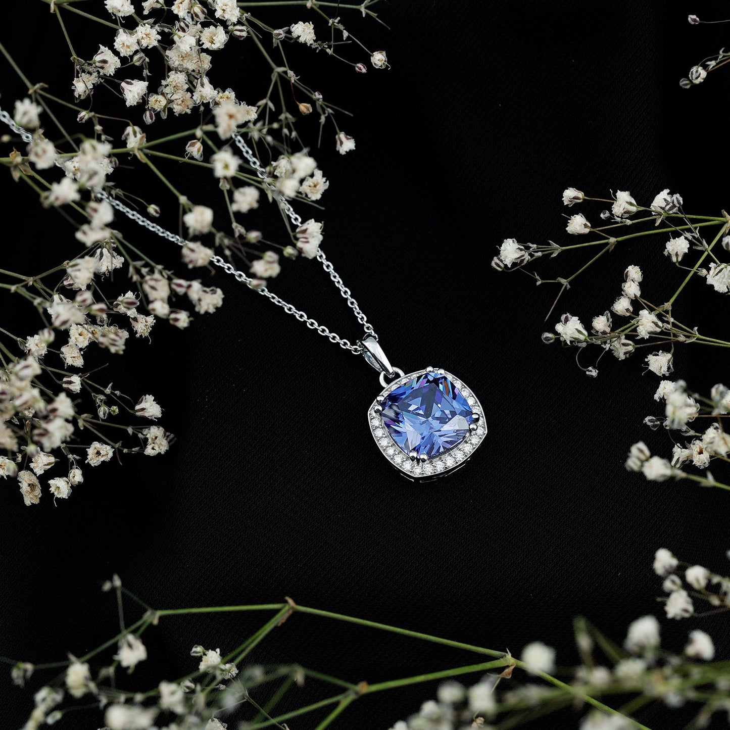 Certified 12 MM Cushion Lab Grown Blue Sapphire Halo Necklace