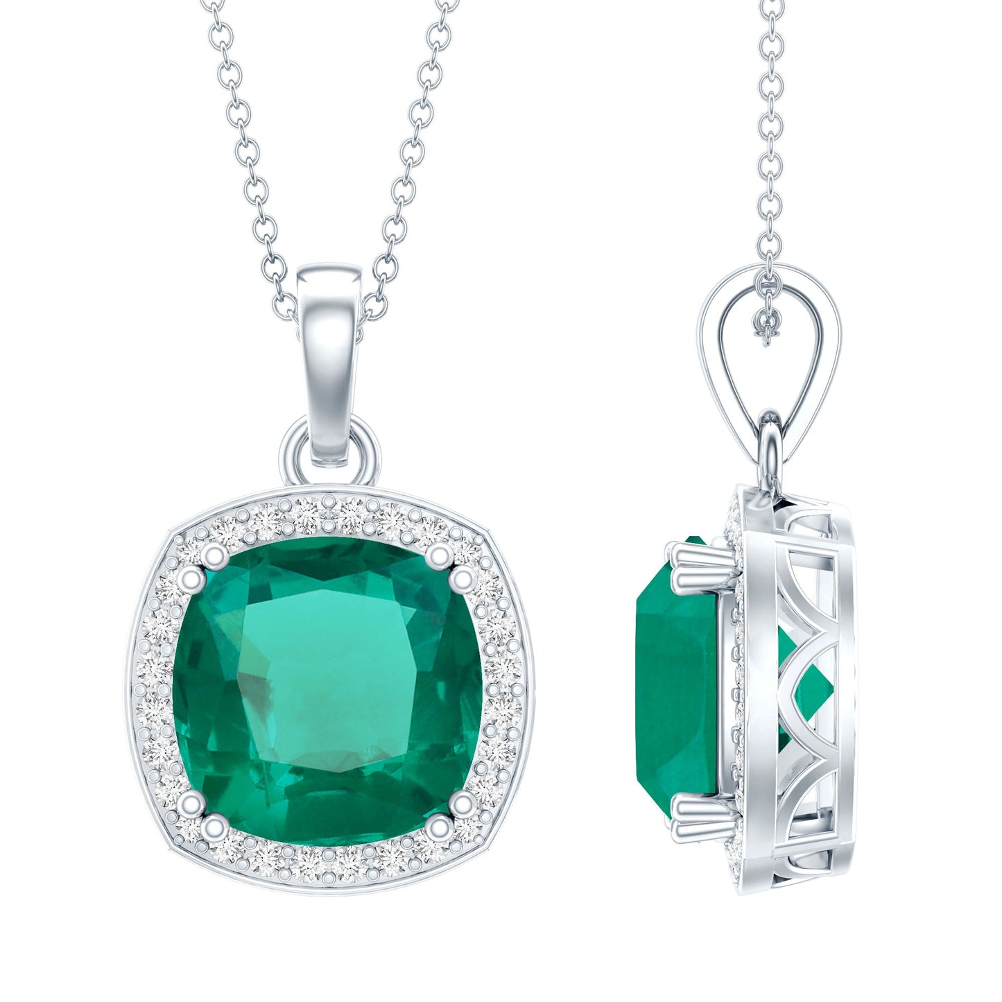 9 Carat Lab Grown Emerald Statement Necklace with Moissanite Halo