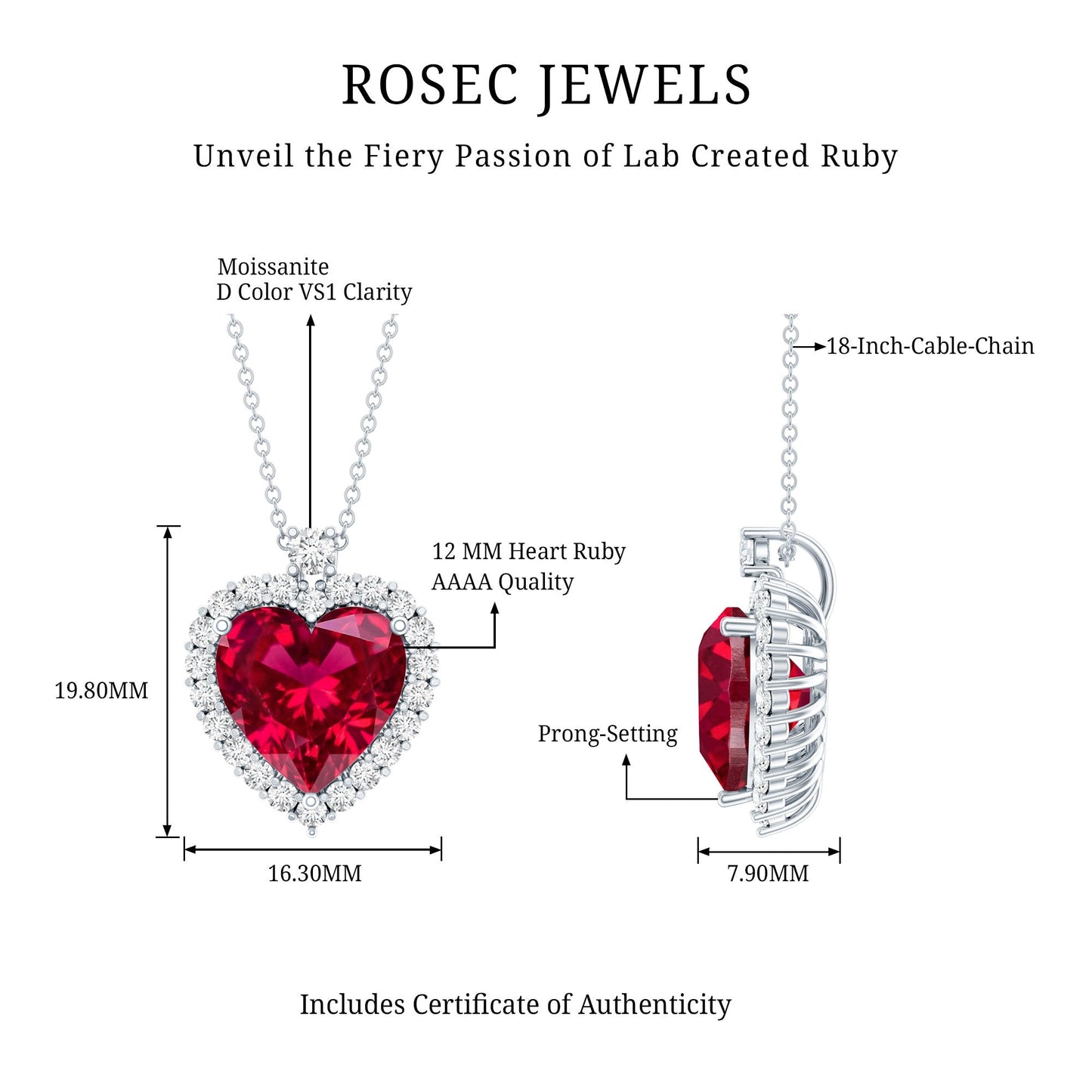 Certified 6.5 Carat Lab Grown Ruby Heart Necklace with Silver Chain