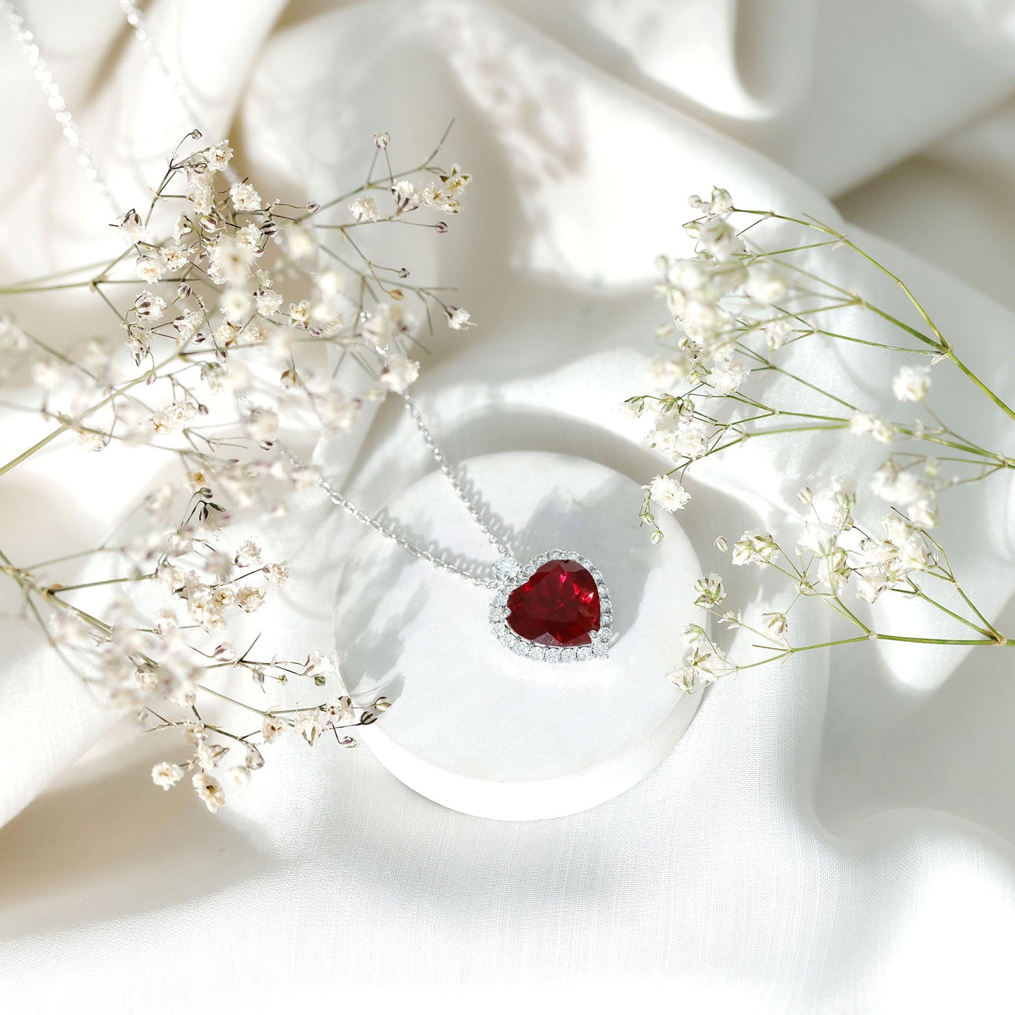 Certified 6.5 Carat Lab Grown Ruby Heart Necklace with Silver Chain