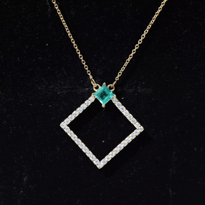 Princess Cut Emerald and Diamond Square Necklace