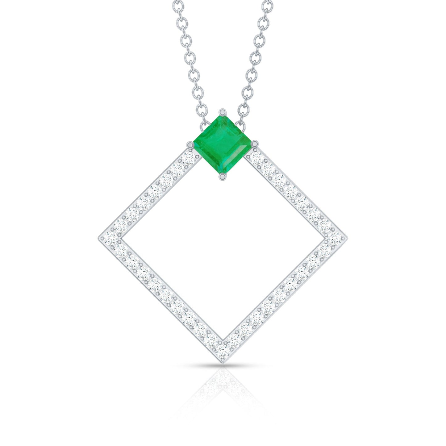 Princess Cut Emerald and Diamond Square Necklace