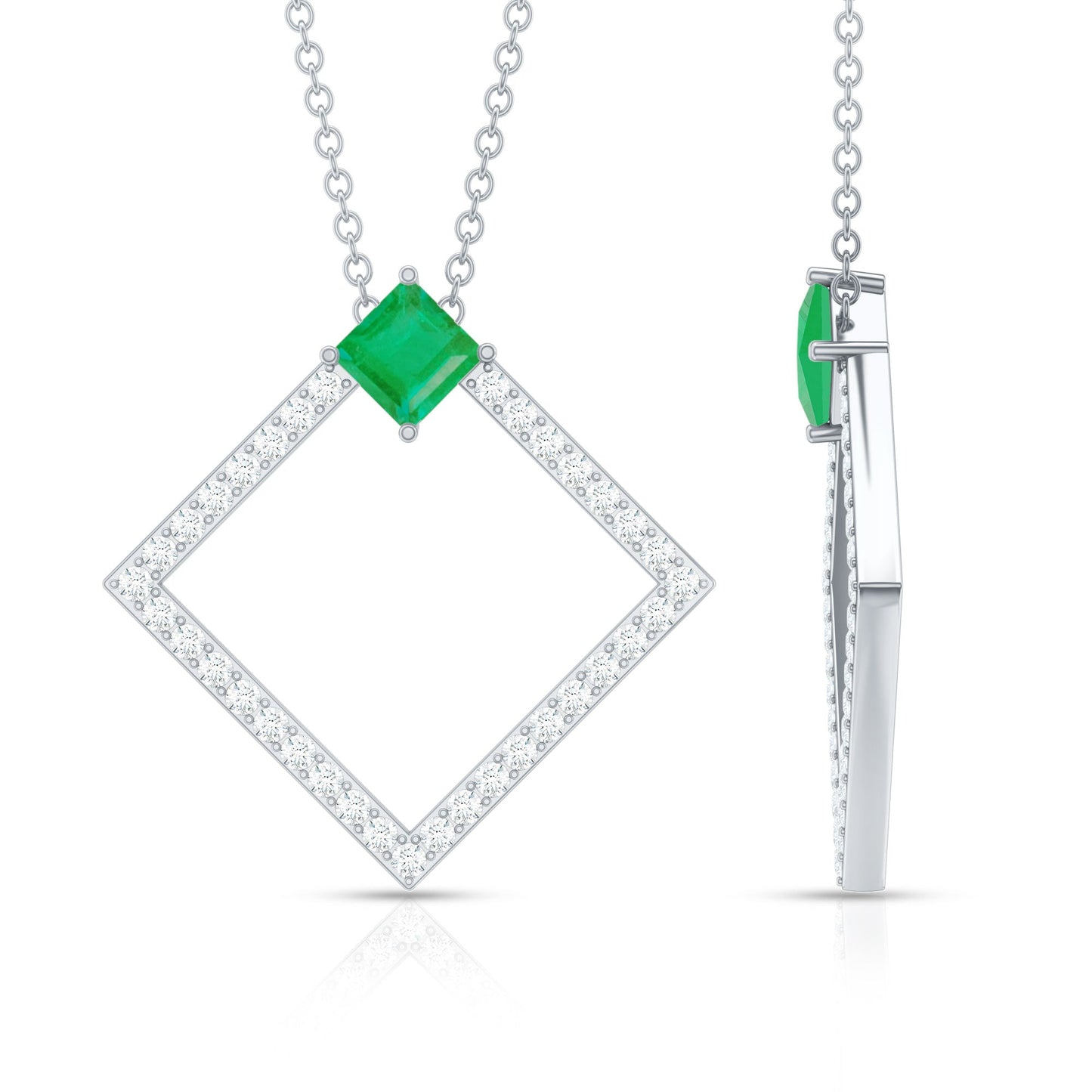 Princess Cut Emerald and Diamond Square Necklace