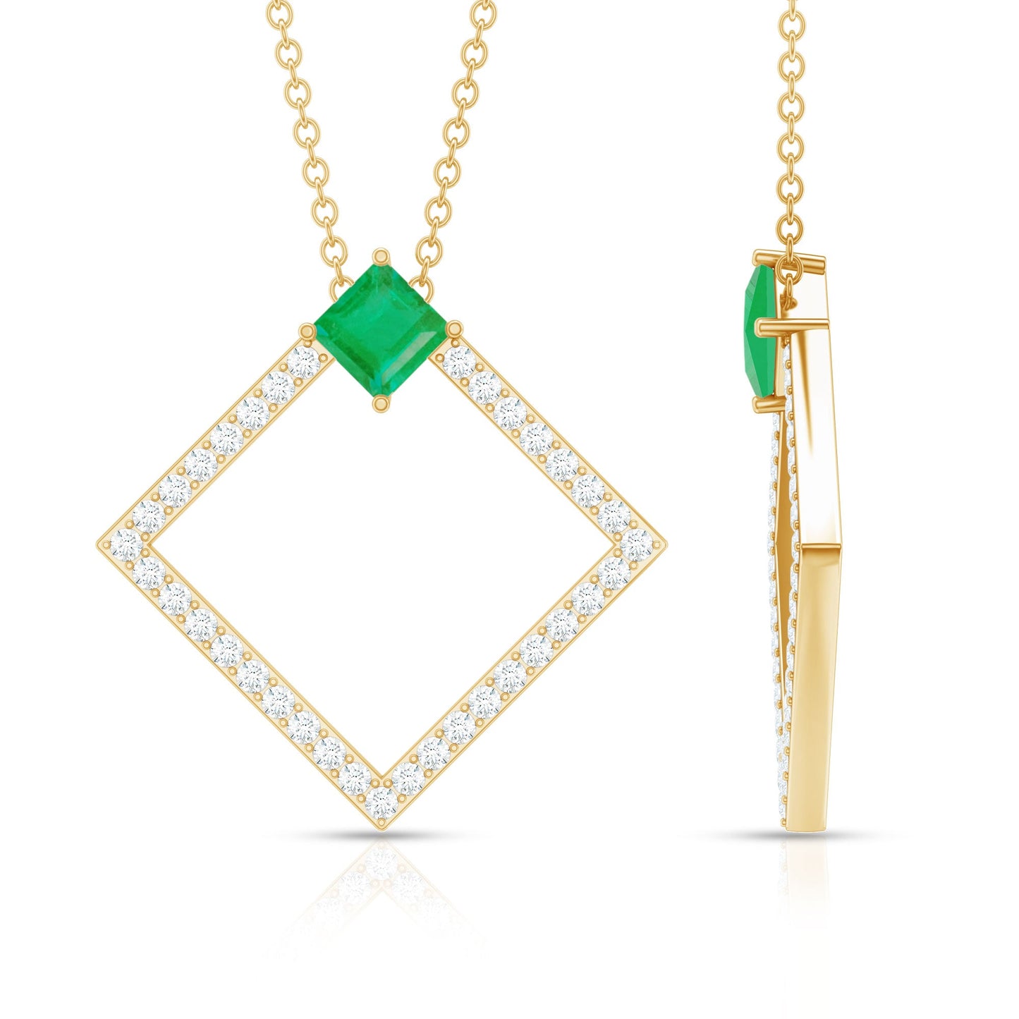 Princess Cut Emerald and Diamond Square Necklace