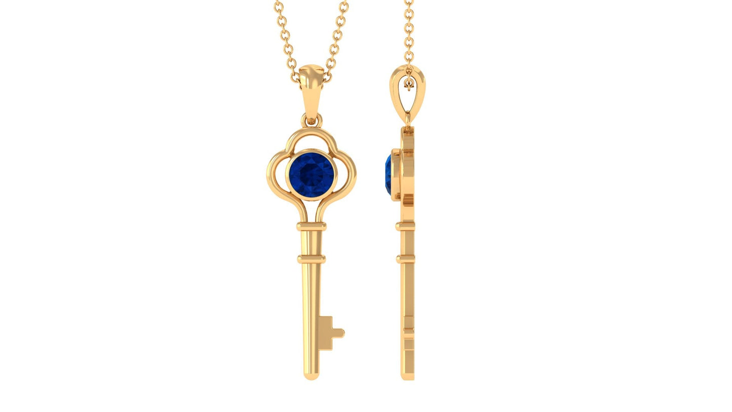 Natural 1 Carat Blue Sapphire Key Pendant Necklace for Women