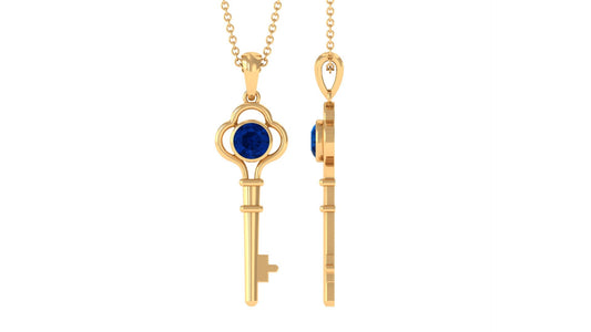 Natural 1 Carat Blue Sapphire Key Pendant Necklace for Women