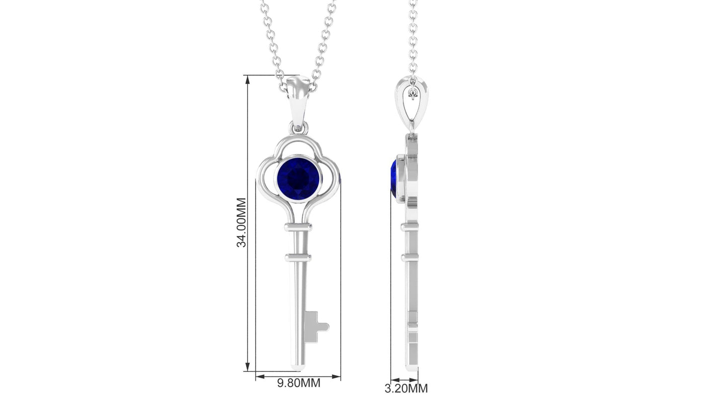Natural 1 Carat Blue Sapphire Key Pendant Necklace for Women
