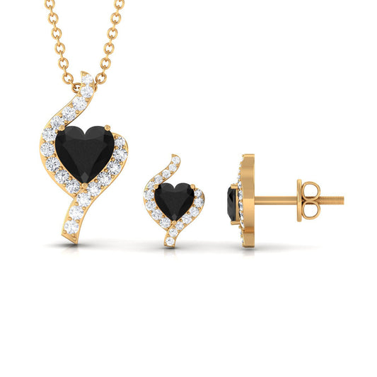 Real Black Onyx Heart Pendant Necklace and Earrings Set with Diamond