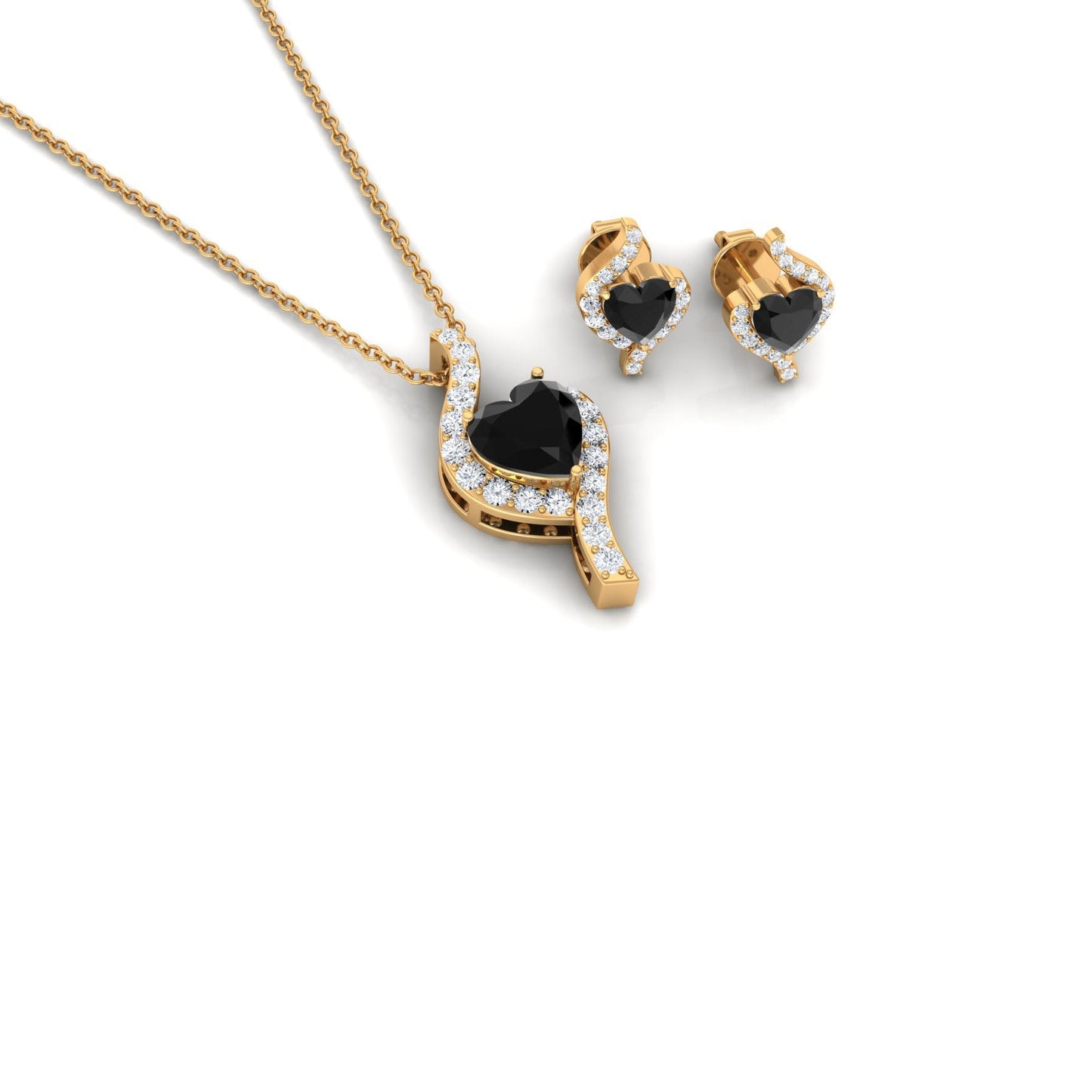 Real Black Onyx Heart Pendant Necklace and Earrings Set with Diamond