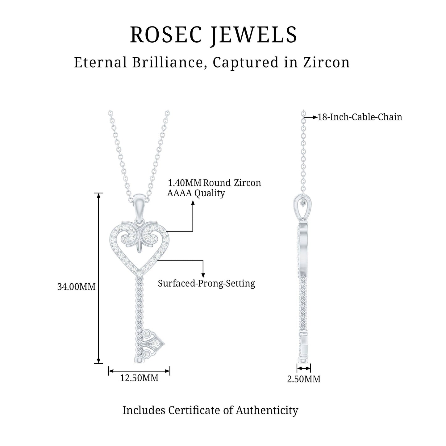 Cubic Zirconia Vintage Inspired Heart Key Pendant Necklace