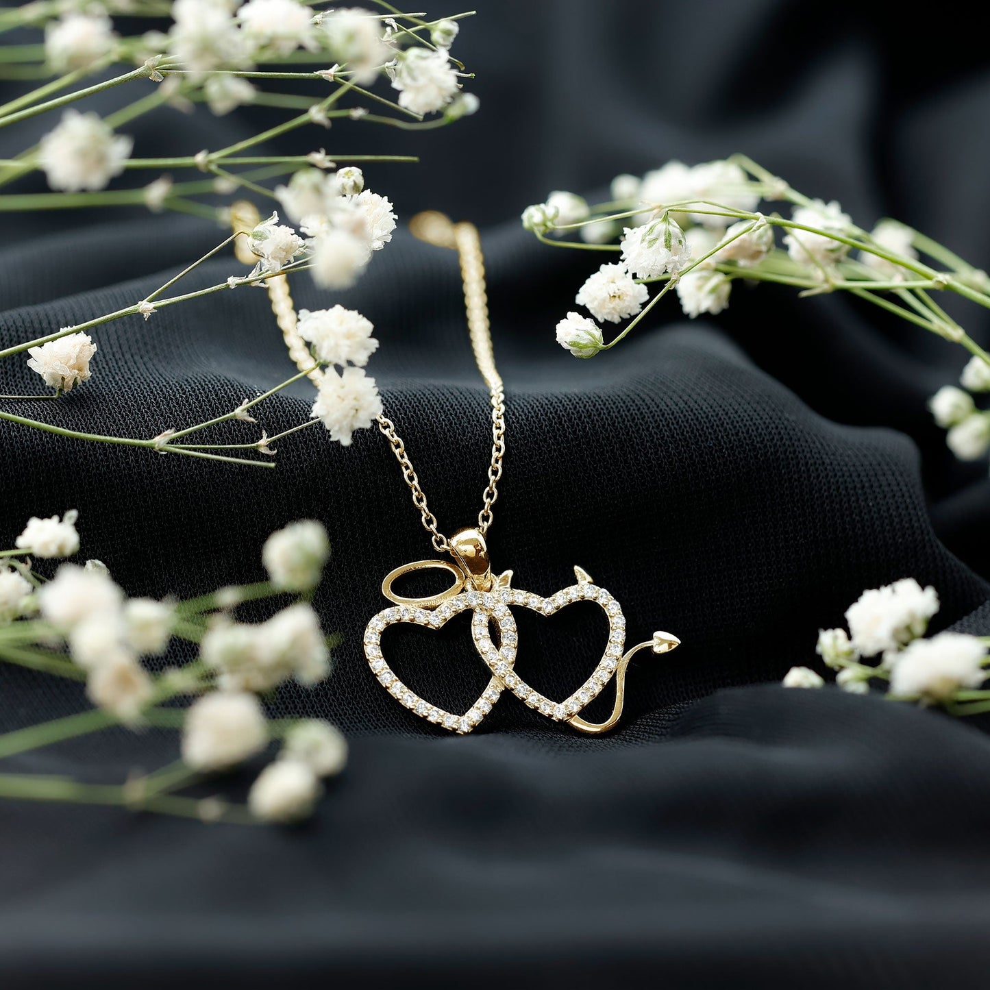 Certified Zircon Angle and Devil Twin Heart Necklace