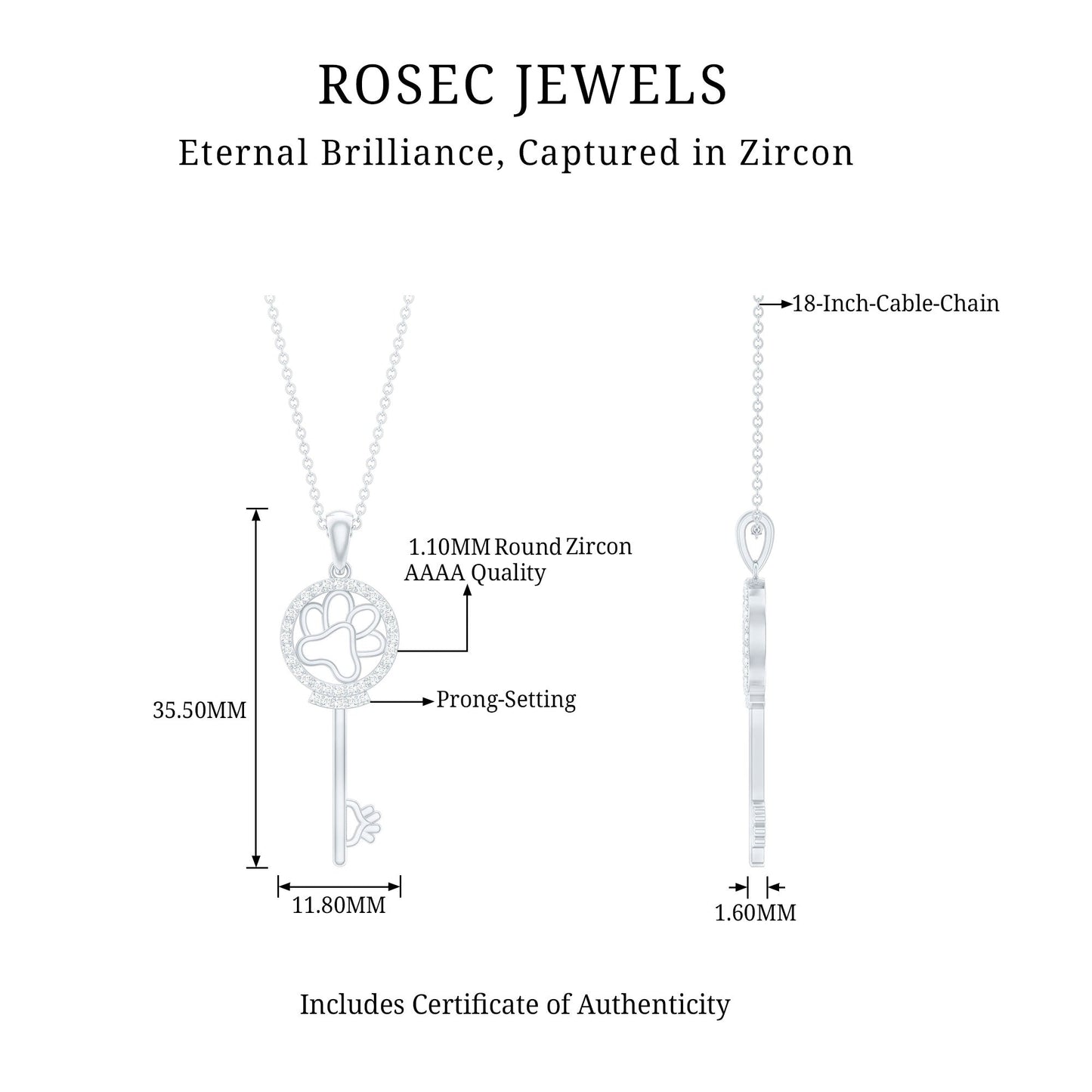 Certified Cubic Zirconia Key Pendant Necklace with Paw Motif
