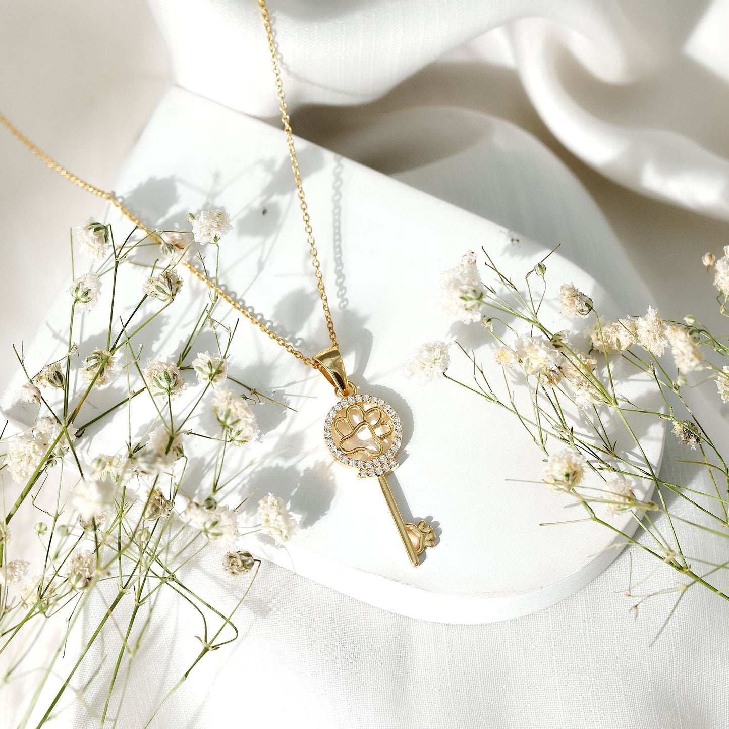Certified Cubic Zirconia Key Pendant Necklace with Paw Motif