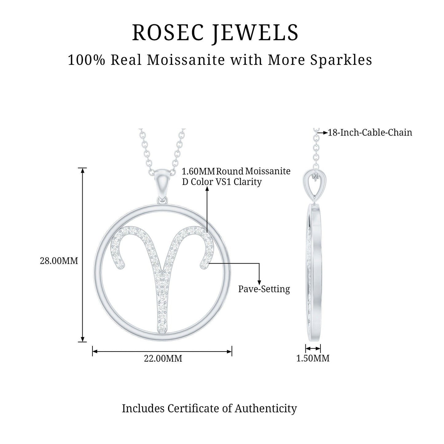 Certified Moissanite Aries Zodiac Sign Pendant Necklace