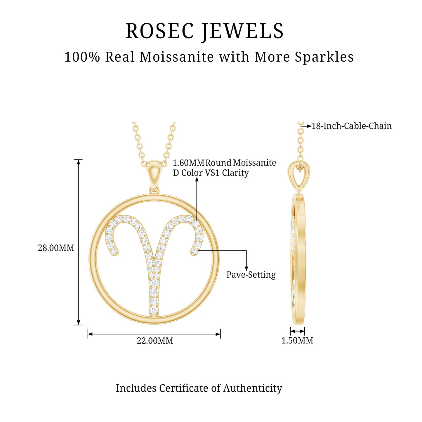 Certified Moissanite Aries Zodiac Sign Pendant Necklace