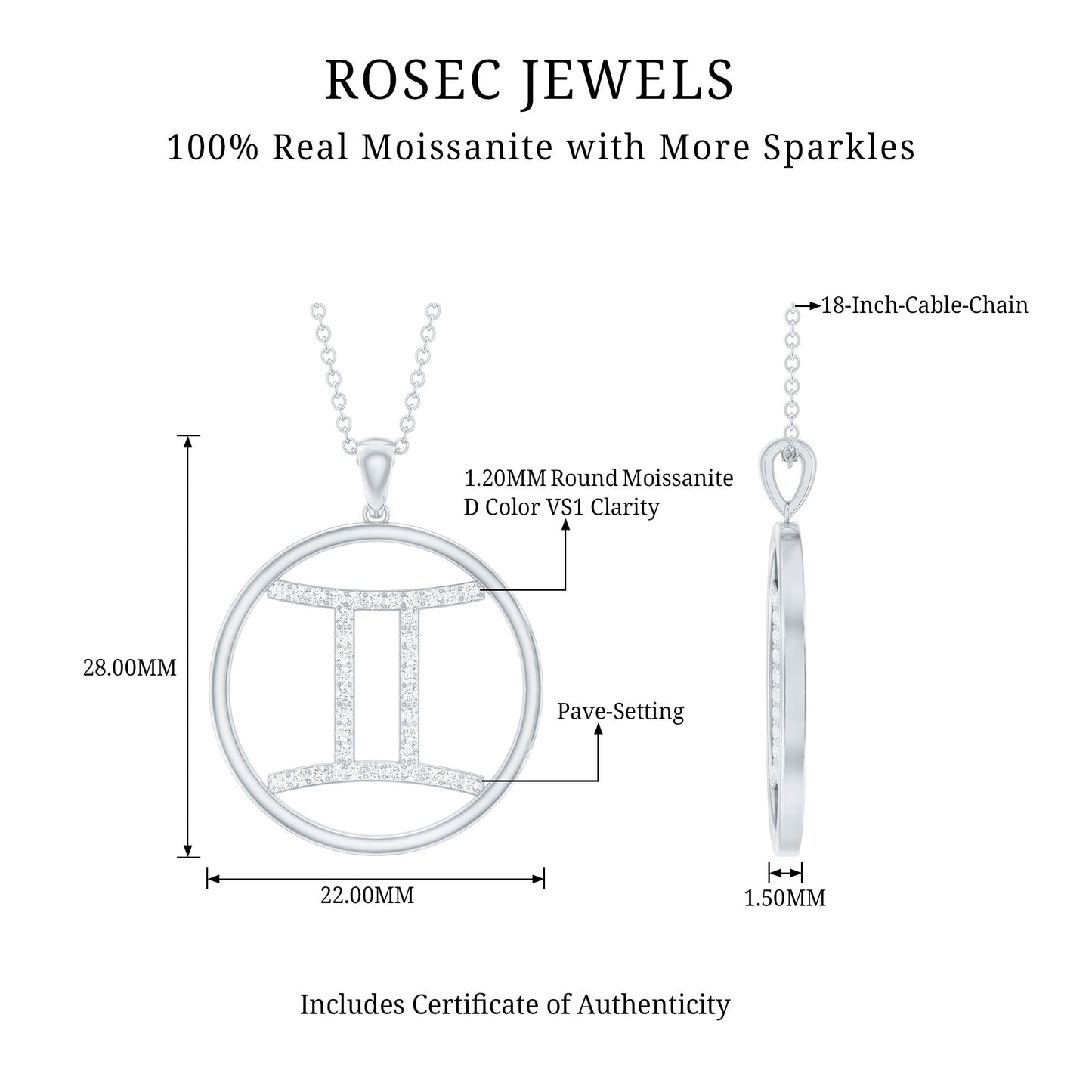 Certified Moissanite Gemini Zodiac Sign Pendant Necklace