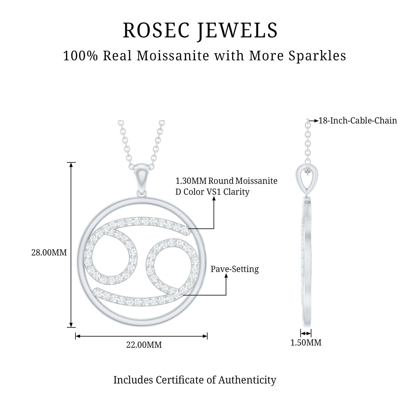 Certified Moissanite Cancer Zodiac Sign Necklace
