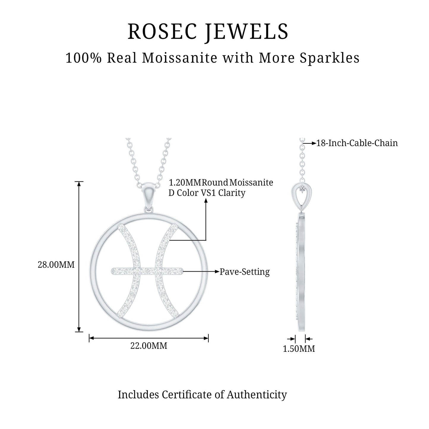 Certified Moissanite Pisces Zodiac Sign Pendant Necklace