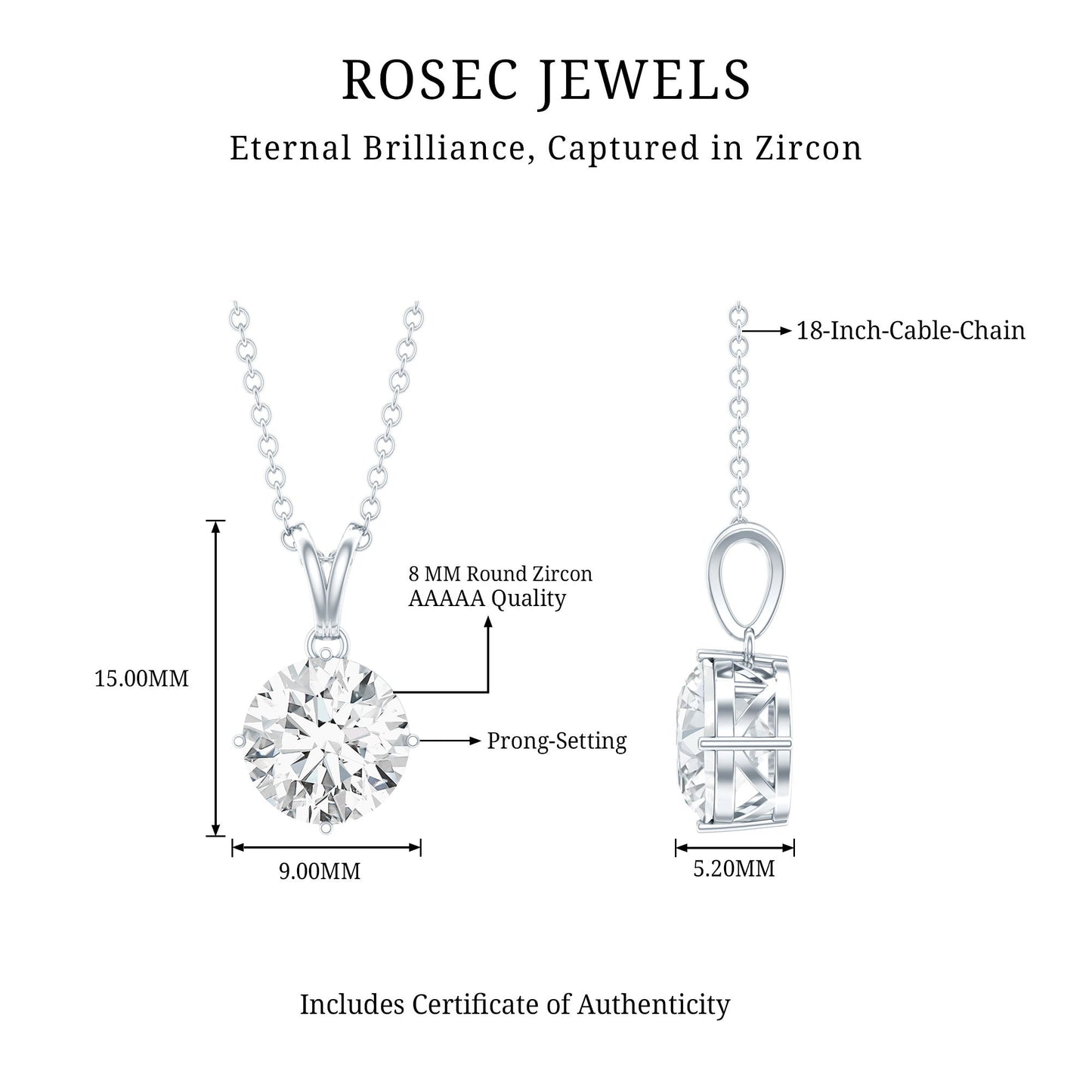 2 Carat Round Cubic Zirconia Solitaire Pendant Necklace