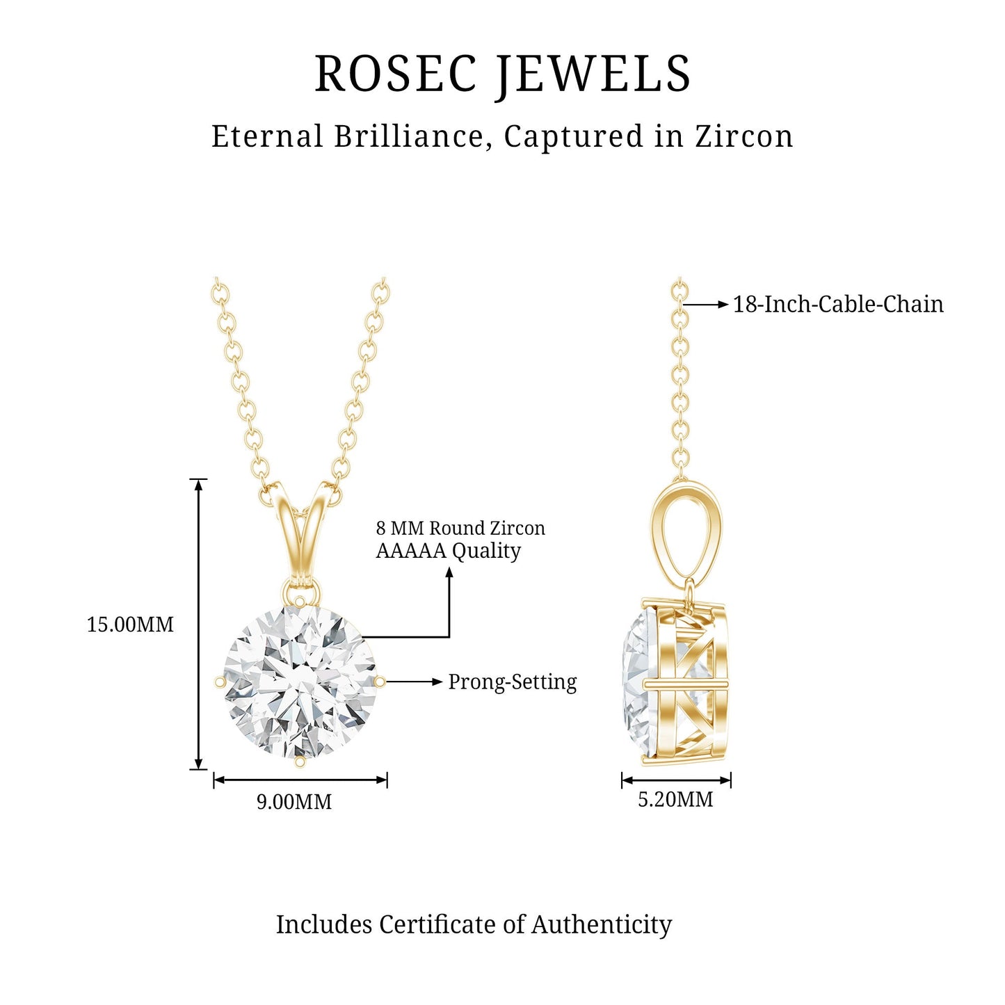 2 Carat Round Cubic Zirconia Solitaire Pendant Necklace