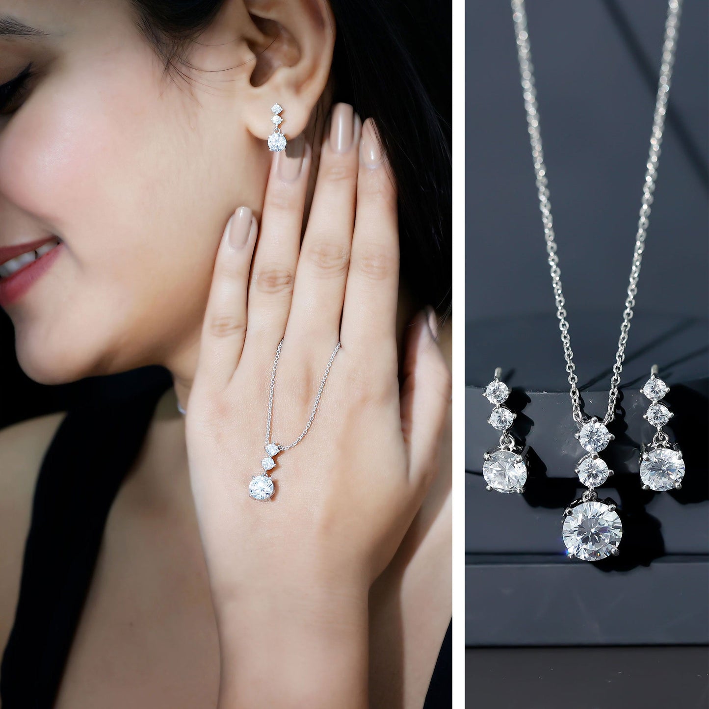 Cubic Zirconia Dangle Necklace and Earrings Set For Bride