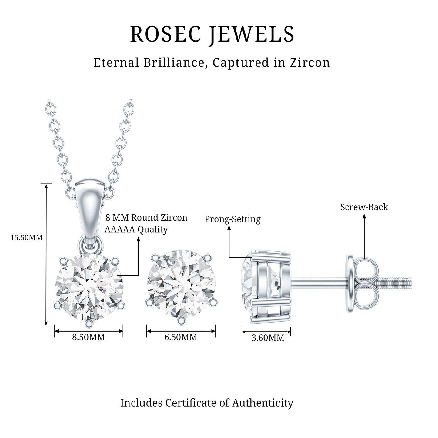 2 CT Zircon Solitaire Pendant and Earrings Set