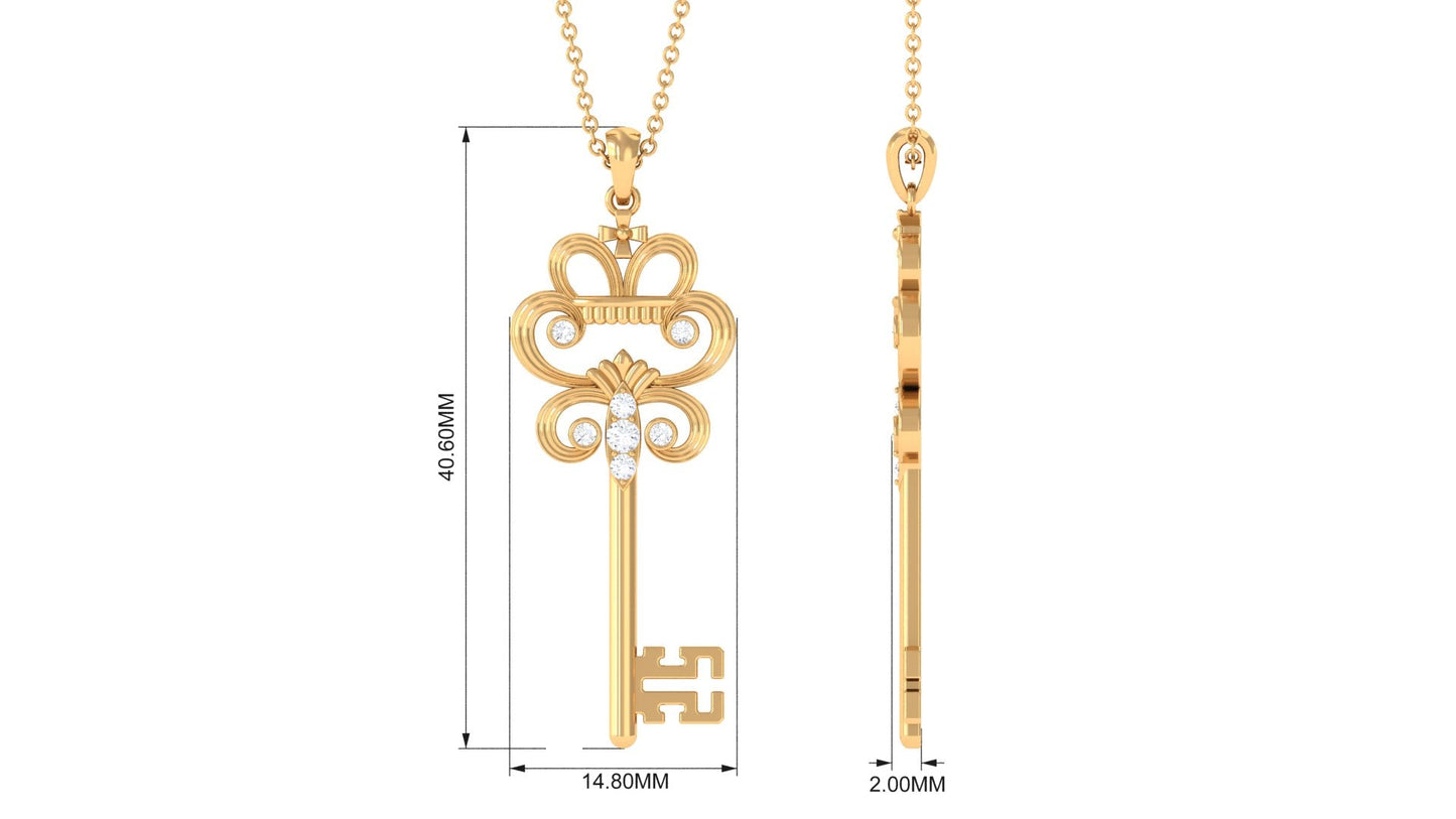 Moissanite Vintage Key Pendant Necklace with Certificate