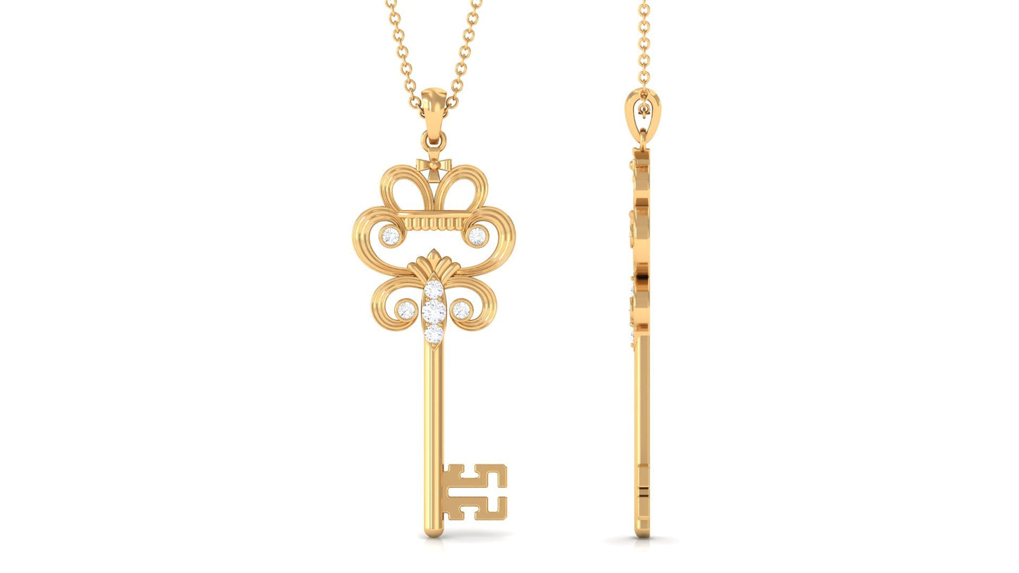 Moissanite Vintage Key Pendant Necklace with Certificate