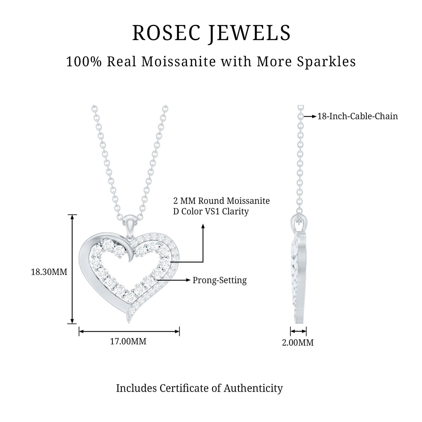 1 Carat Certified Moissanite Open Heart Pendant