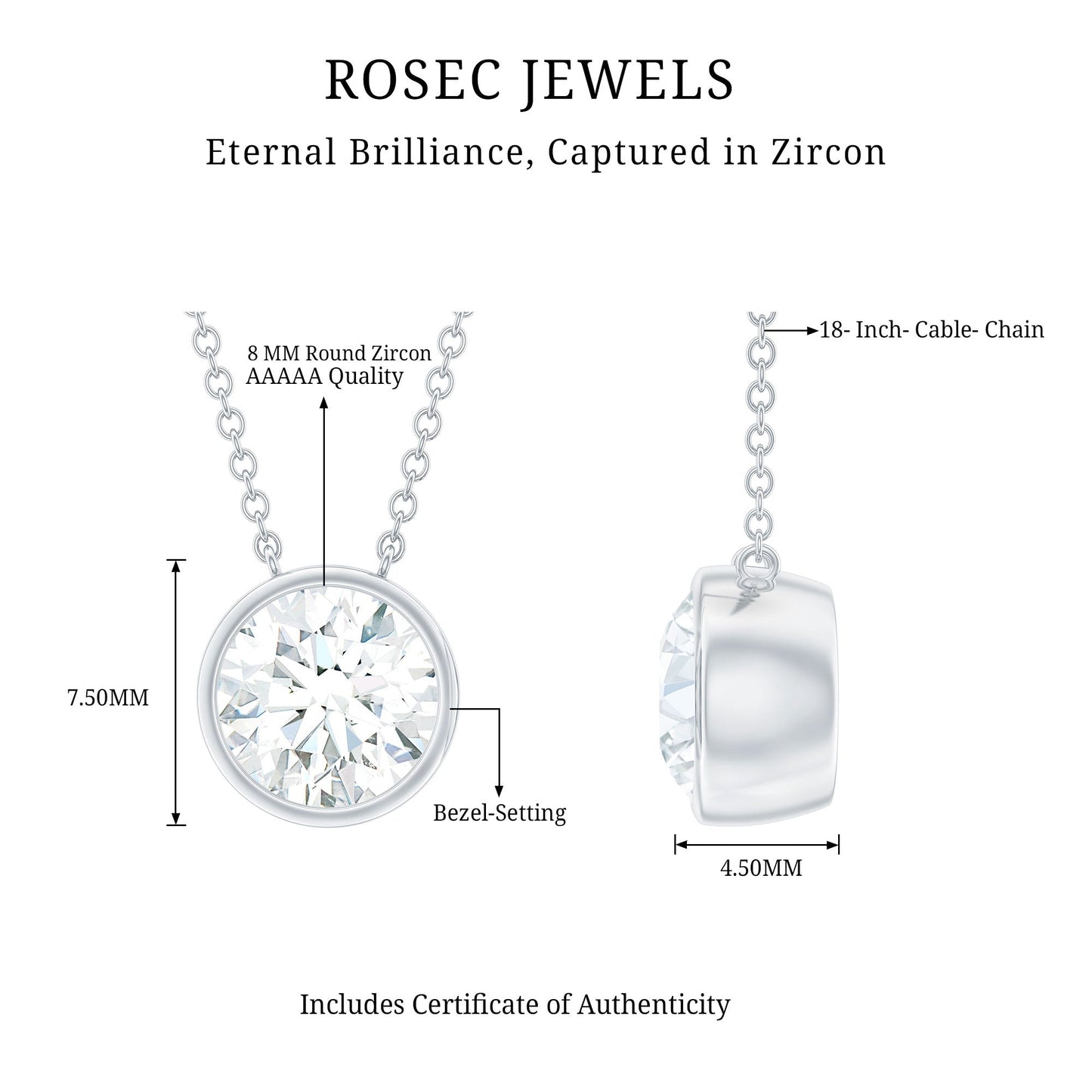 Round Cut 2 Carat Cubic Zirconia Solitaire Necklace