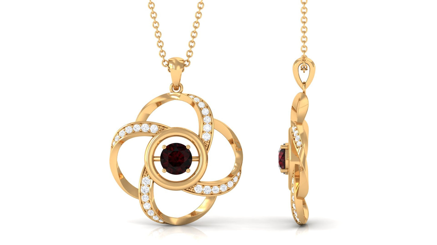 5 MM Natural Garnet Flower Pendant with Diamond