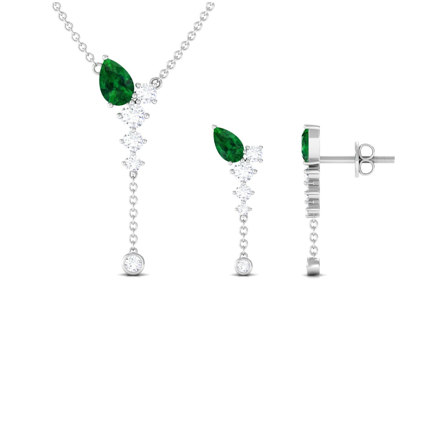 Lab Created Emerald Dangle Necklace and Earrings Set with Moissanite