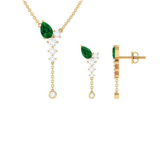Lab Created Emerald Dangle Necklace and Earrings Set with Moissanite