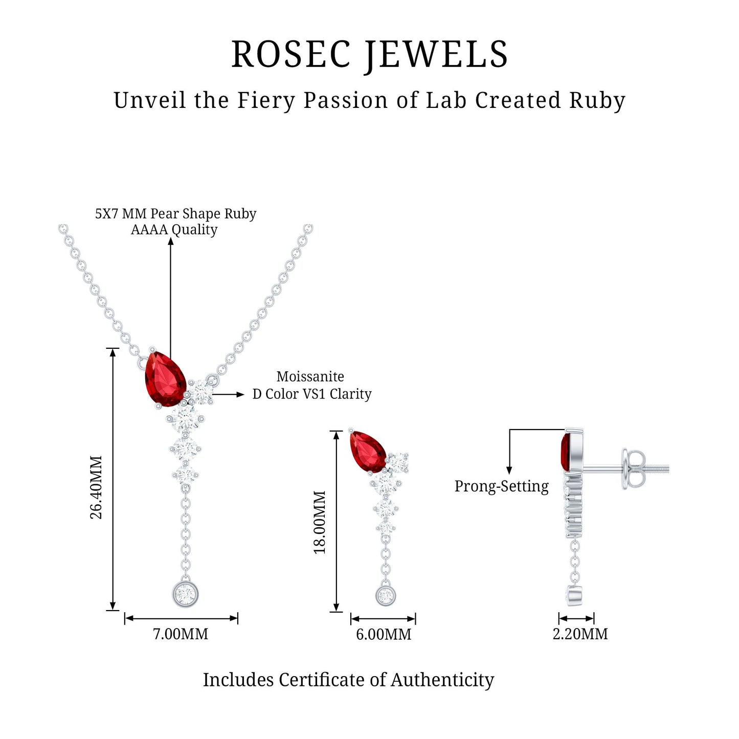 1.75 Carat Lab Grown Ruby Bridal Necklace and Earrings Set