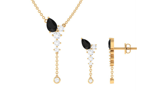 Certified Real Black Onyx Lariat Necklace and Earrings Set with Moissanite