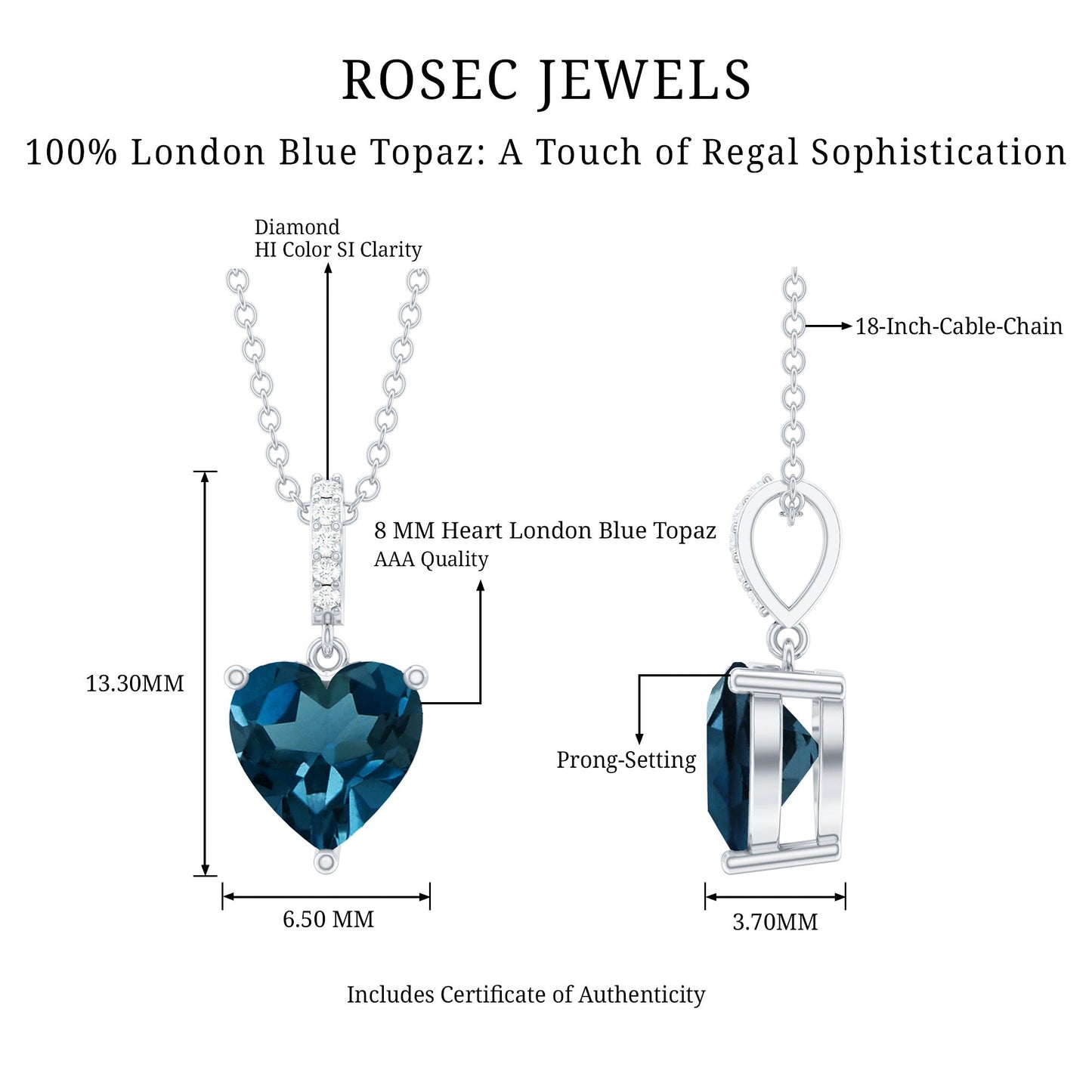 6 MM Heart Shape London Blue Topaz Solitaire Pendant with Diamond Accent Bail