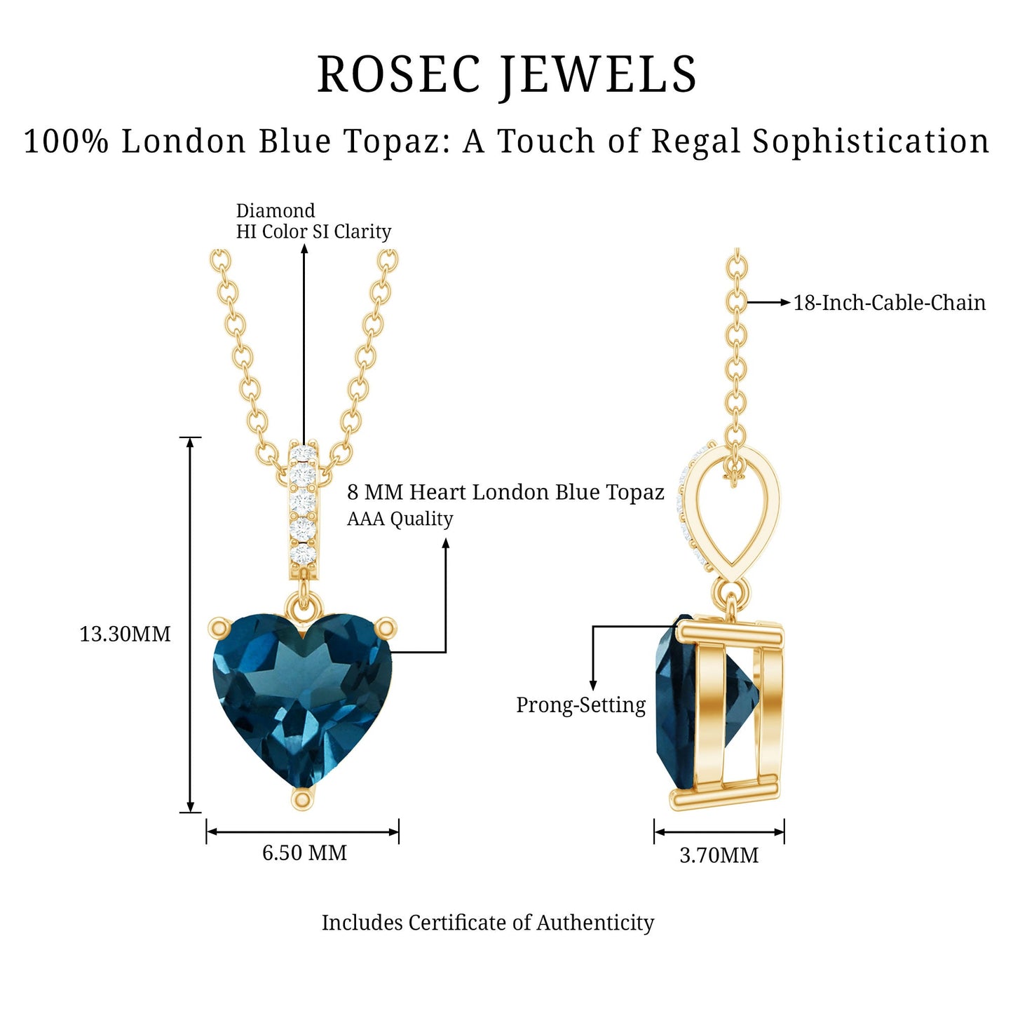 6 MM Heart Shape London Blue Topaz Solitaire Pendant with Diamond Accent Bail