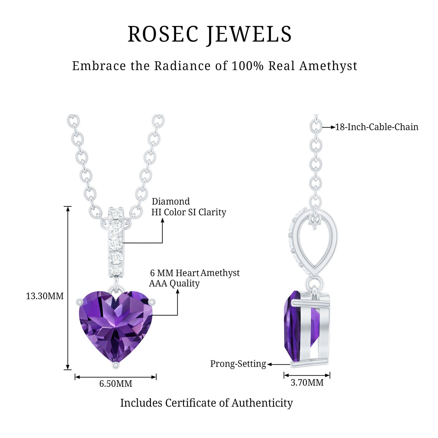 Natural 1 Carat Amethyst Solitaire Heart Pendant with Diamond