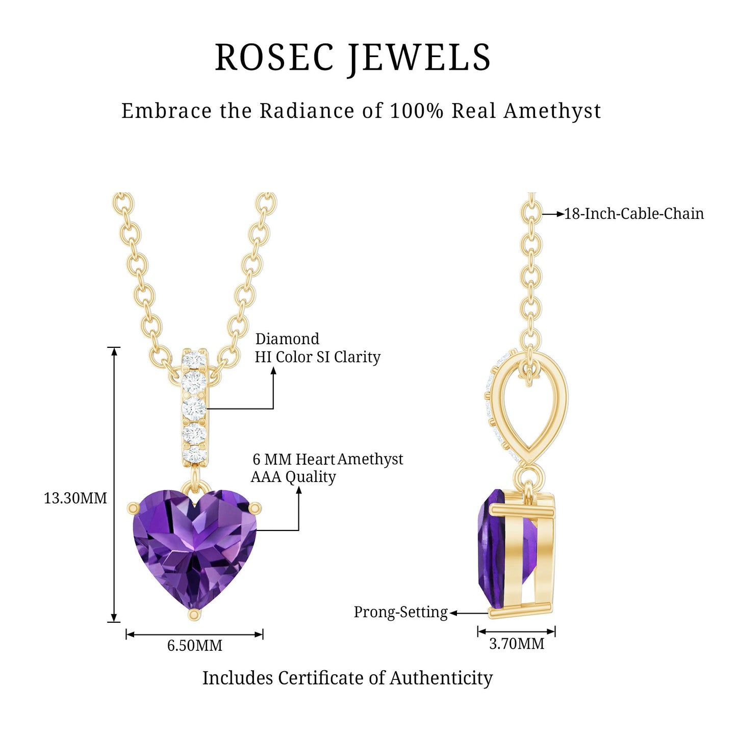 Natural 1 Carat Amethyst Solitaire Heart Pendant with Diamond