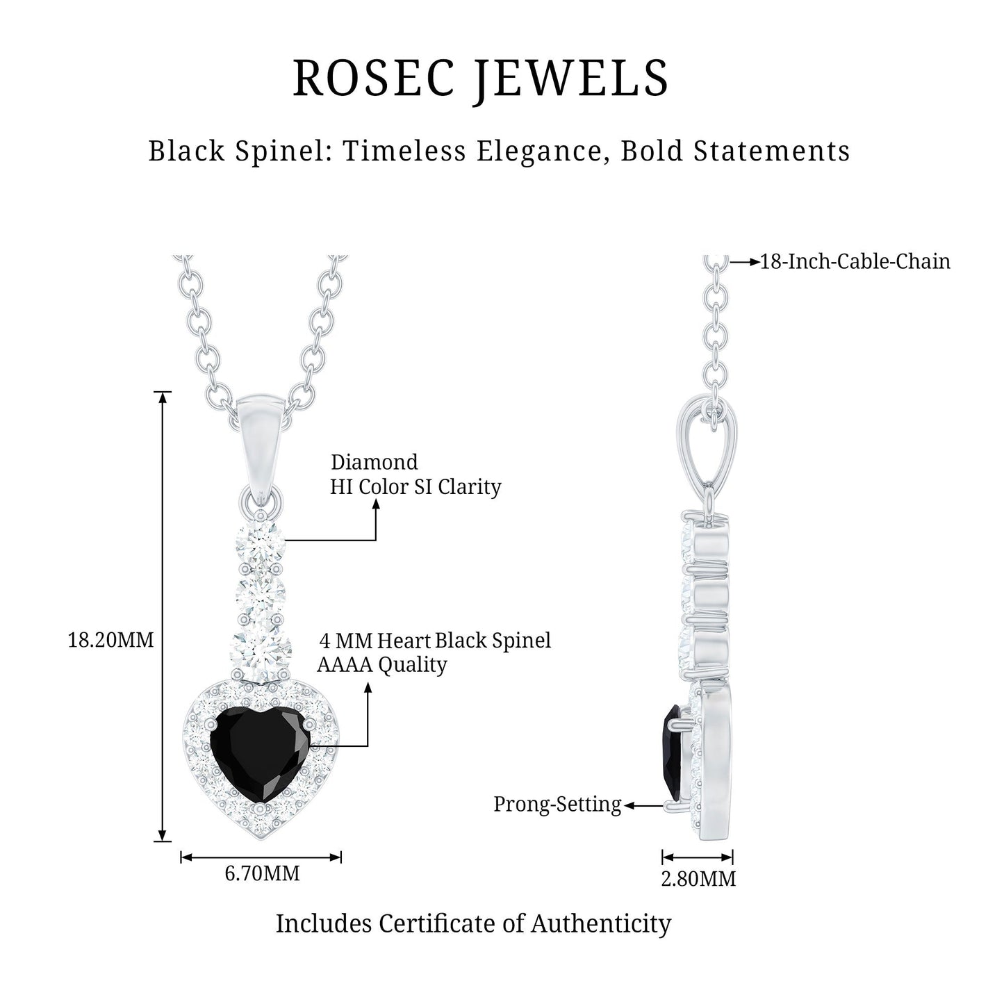 Natural Black Spinel Heart Pendant Necklace with Diamond Halo