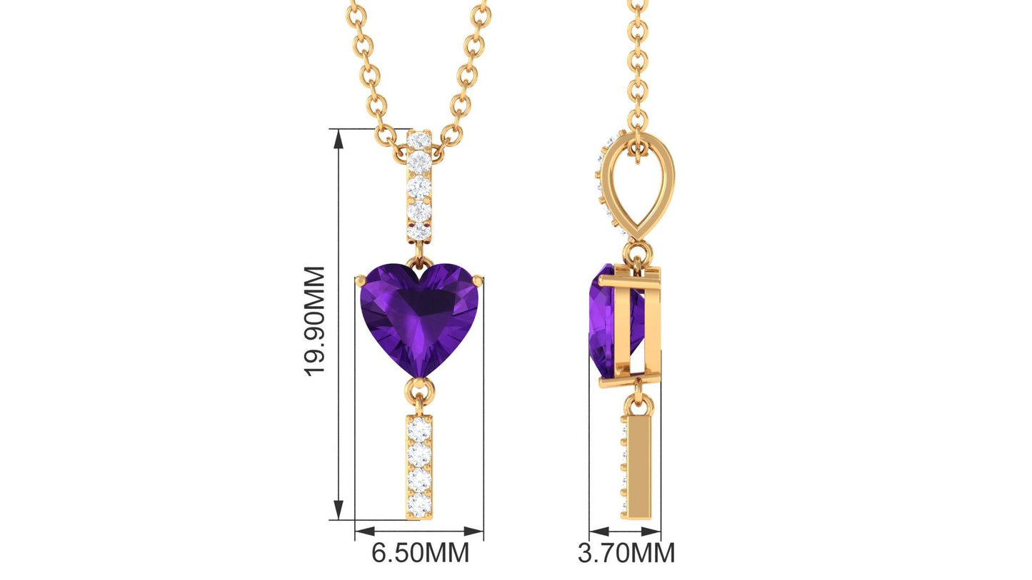 Real 1 Carat Heart Shape Amethyst Drop Necklace with Diamond