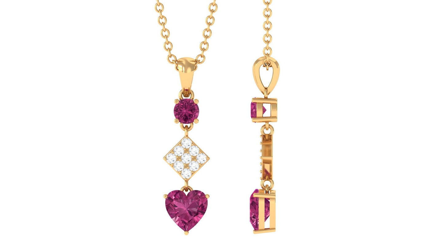 Round and Heart Shape Pink Tourmaline Dangle Pendant with Diamond