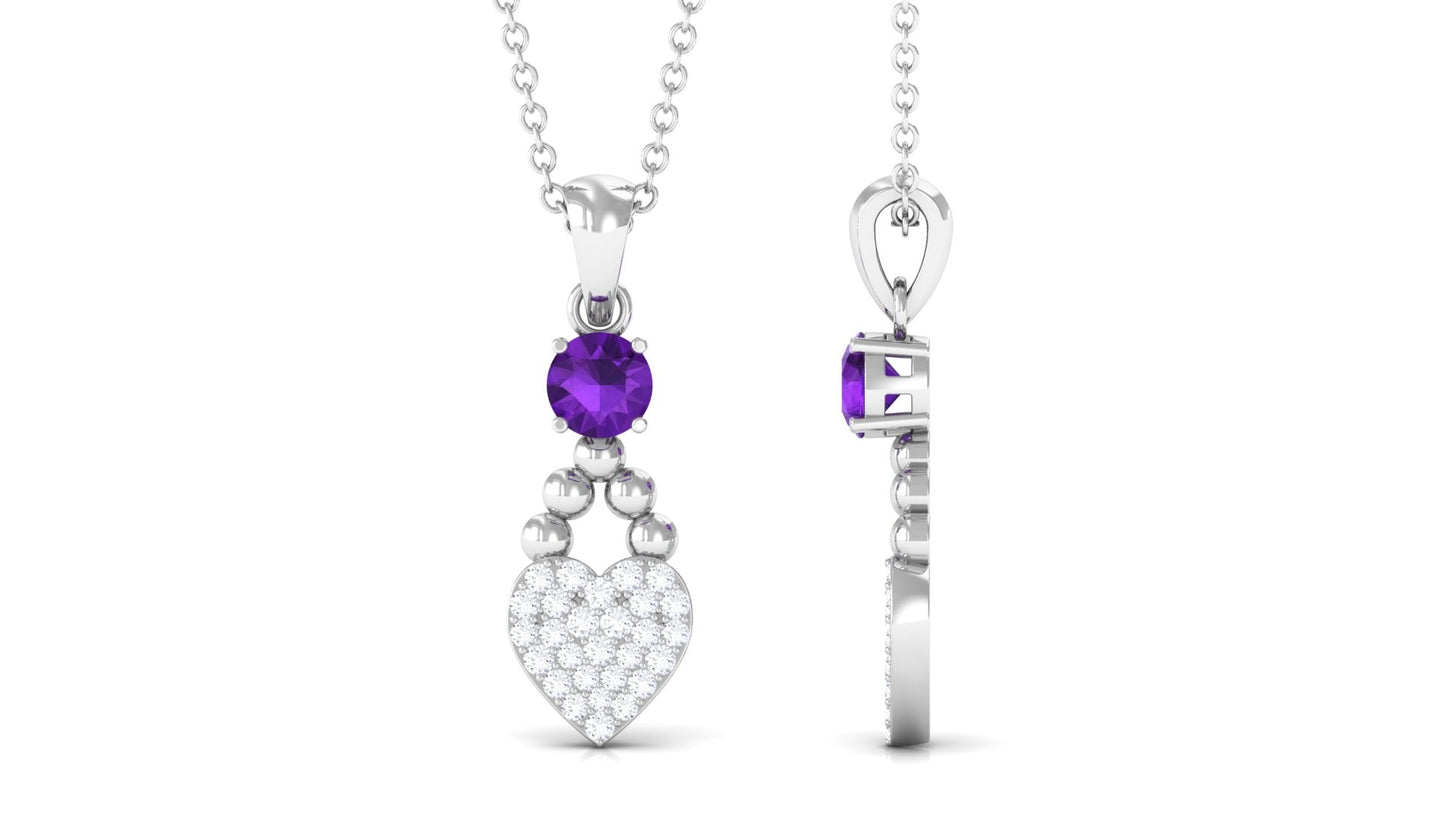Natural Amethyst Diamond Heart Drop Pendant Necklace with Chain
